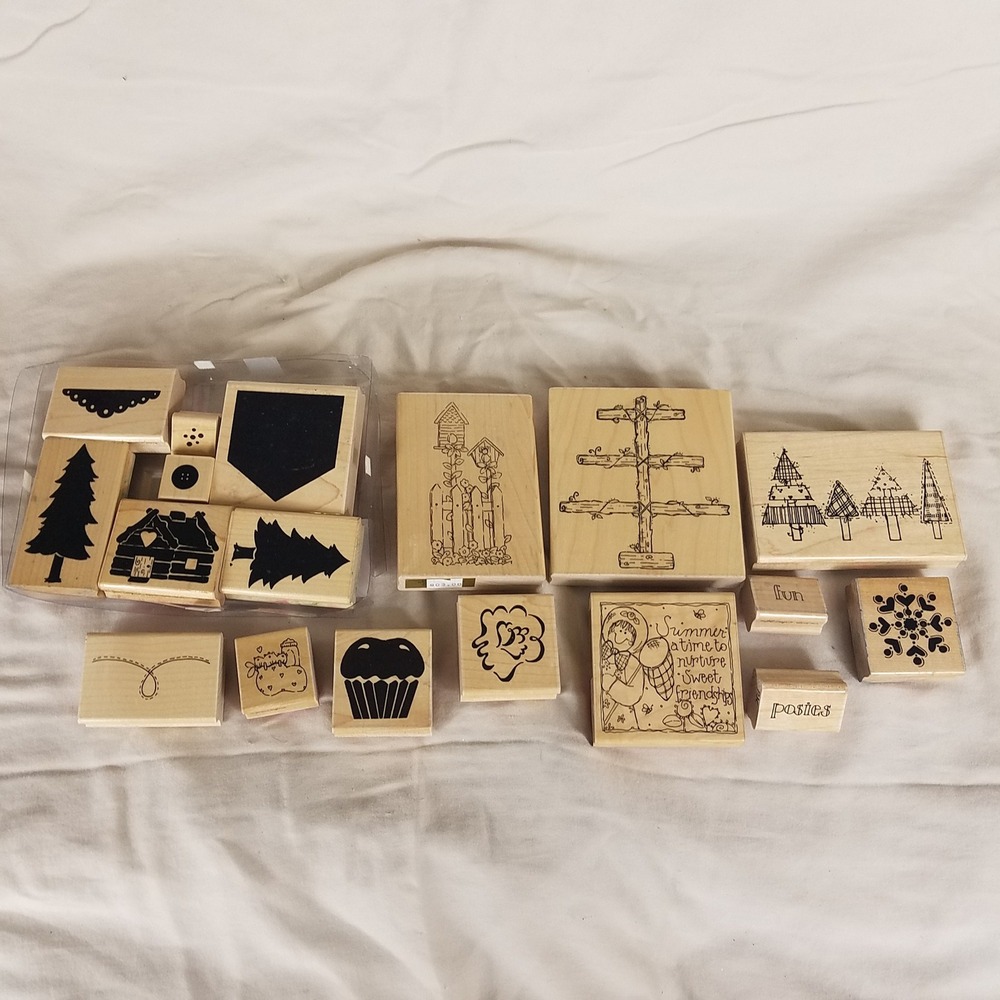Stampin Up Wood Rubber Stamp Lot 18pc Tan Excellent Trees Cabin Floral Whimsical